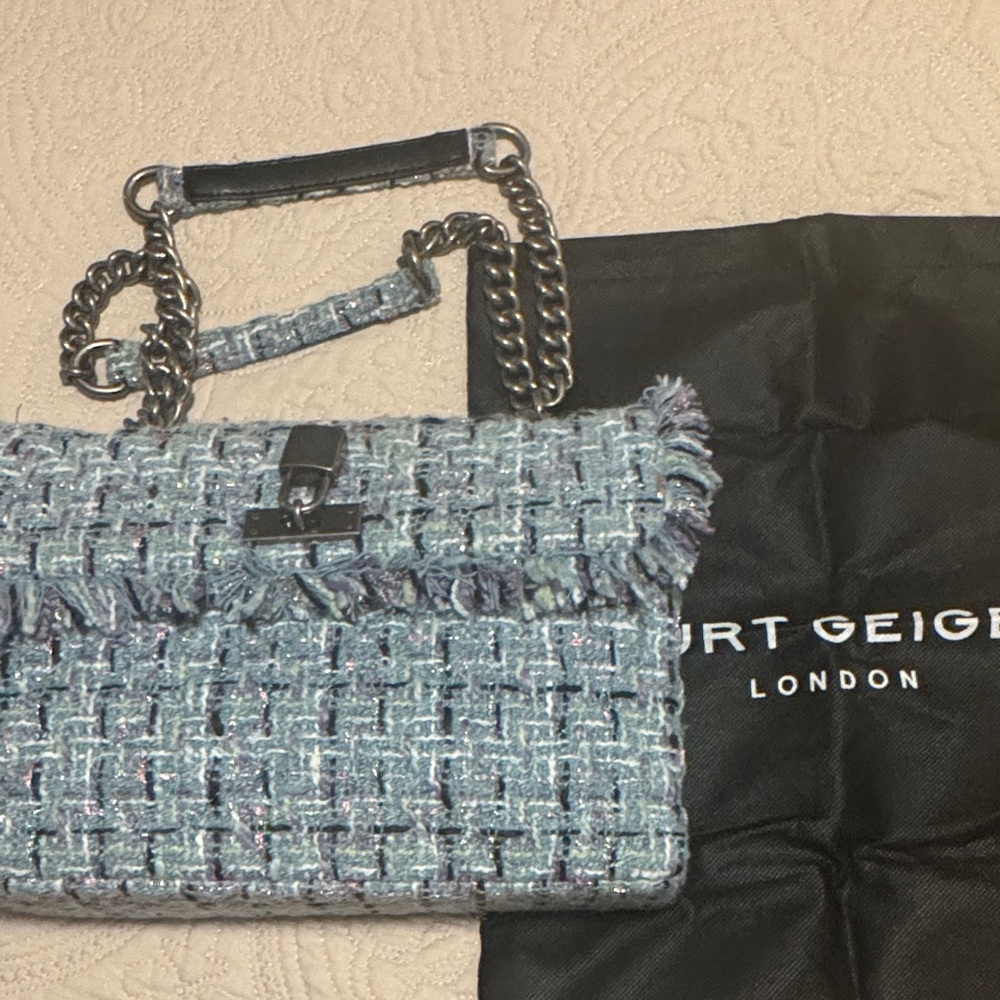 Kurt Geiger Light Blue Tweed Shoulder Bag with Chain Strap